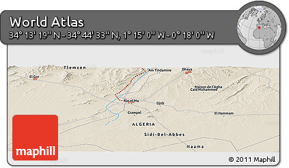 Shaded Relief Panoramic Map of the Area around 34° 28' 56" N, 0° 46' 30" W