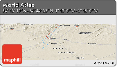 Shaded Relief Panoramic Map of the Area around 34° 28' 56" N, 0° 46' 30" W