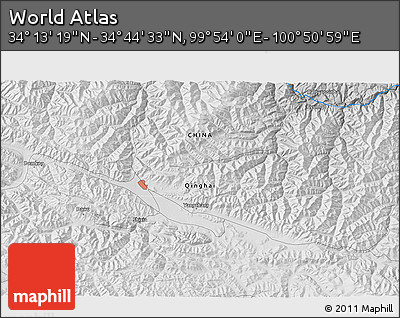 Physical 3D Map of the Area around 34° 28' 56" N, 100° 22' 30" E