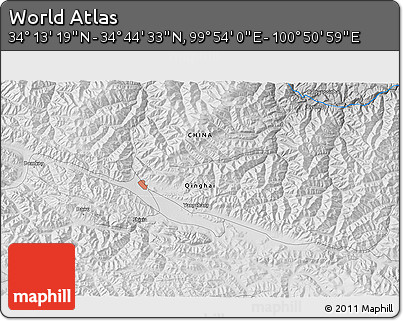 Physical 3D Map of the Area around 34° 28' 56" N, 100° 22' 30" E