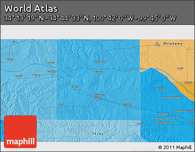 Political 3D Map of the Area around 34° 28' 56" N, 100° 13' 29" W