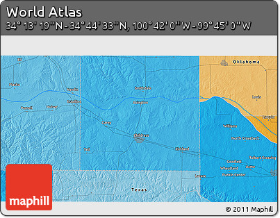 Political 3D Map of the Area around 34° 28' 56" N, 100° 13' 29" W