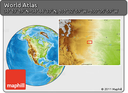 Physical Location Map of the Area around 34° 28' 56" N, 101° 4' 29" W