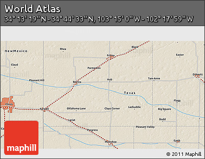 Shaded Relief 3D Map of the Area around 34° 28' 56" N, 102° 46' 30" W