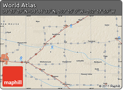 Shaded Relief Map of the Area around 34° 28' 56" N, 102° 46' 30" W