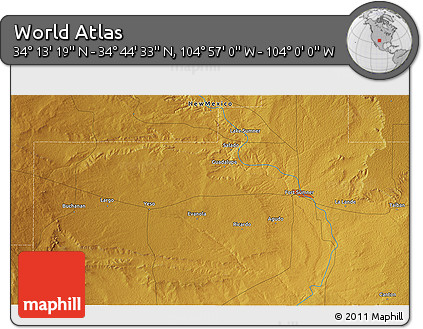 Physical 3D Map of the Area around 34° 28' 56" N, 104° 28' 29" W