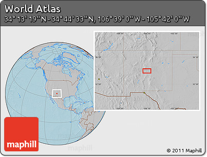 Gray Location Map of the Area around 34° 28' 56" N, 106° 10' 30" W, hill shading