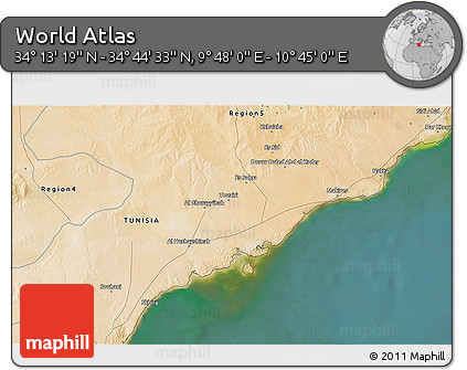 Satellite 3D Map of the Area around 34° 28' 56" N, 10° 16' 30" E