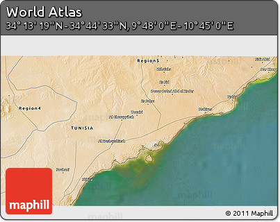 Satellite 3D Map of the Area around 34° 28' 56" N, 10° 16' 30" E