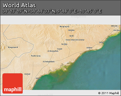 Satellite 3D Map of the Area around 34° 28' 56" N, 10° 16' 30" E