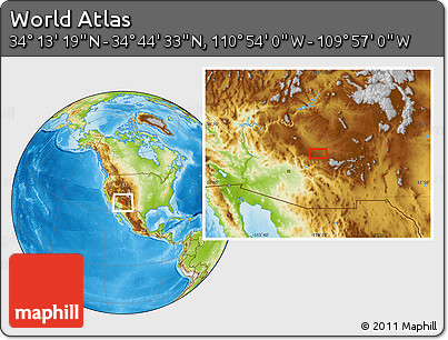 Physical Location Map of the Area around 34° 28' 56" N, 110° 25' 30" W