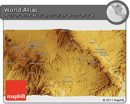 Physical 3D Map of the Area around 34° 28' 56" N, 112° 7' 30" W