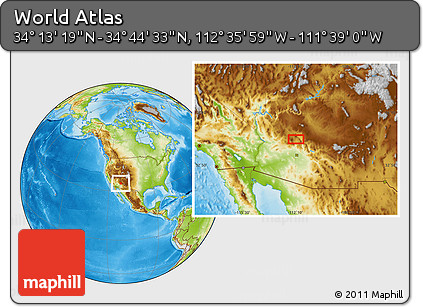 Physical Location Map of the Area around 34° 28' 56" N, 112° 7' 30" W
