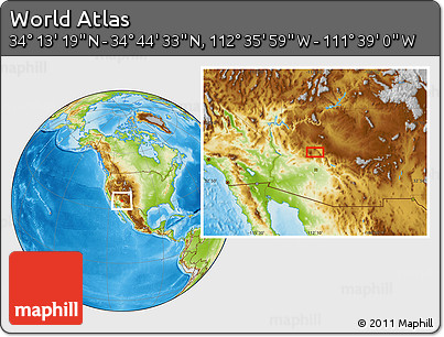 Physical Location Map of the Area around 34° 28' 56" N, 112° 7' 30" W