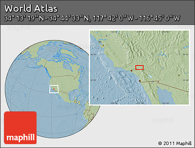 Savanna Style Location Map of the Area around 34° 28' 56" N, 117° 13' 29" W, hill shading