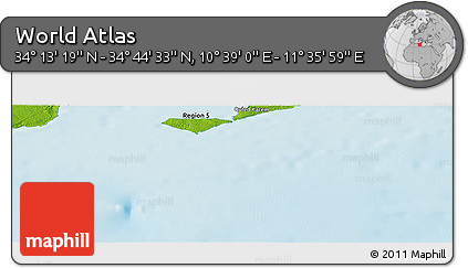 Physical Panoramic Map of the Area around 34° 28' 56" N, 11° 7' 30" E