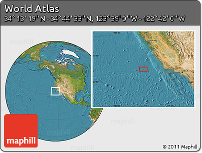 Satellite Location Map of the Area around 34° 28' 56" N, 123° 10' 30" W