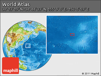 Physical Location Map of the Area around 34° 28' 56" N, 155° 37' 30" E