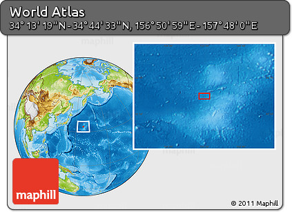 Physical Location Map of the Area around 34° 28' 56" N, 157° 19' 29" E