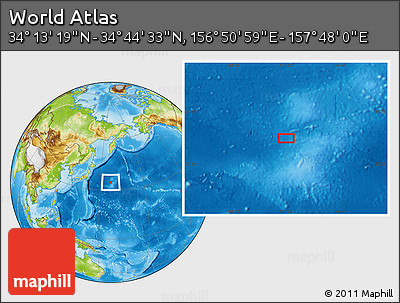 Physical Location Map of the Area around 34° 28' 56" N, 157° 19' 29" E