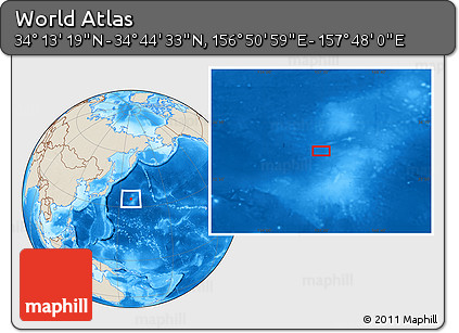 Shaded Relief Location Map of the Area around 34° 28' 56" N, 157° 19' 29" E