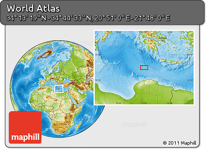 Physical Location Map of the Area around 34° 28' 56" N, 21° 19' 30" E
