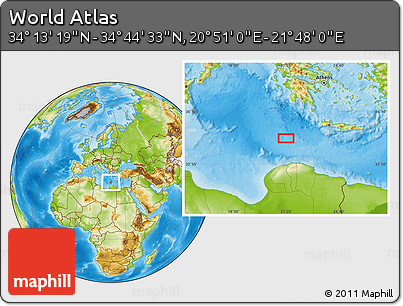 Physical Location Map of the Area around 34° 28' 56" N, 21° 19' 30" E