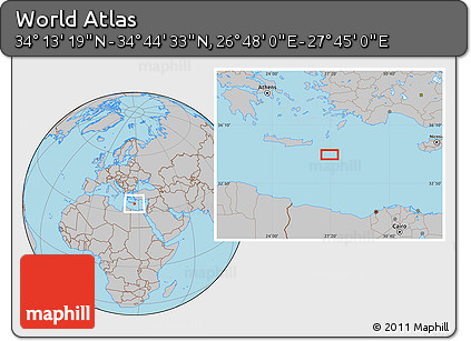 Gray Location Map of the Area around 34° 28' 56" N, 27° 16' 29" E