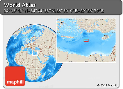 Shaded Relief Location Map of the Area around 34° 28' 56" N, 28° 58' 30" E