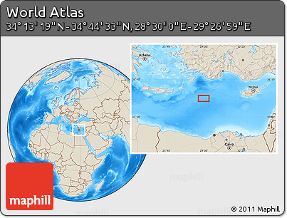 Shaded Relief Location Map of the Area around 34° 28' 56" N, 28° 58' 30" E