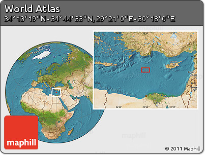 Satellite Location Map of the Area around 34° 28' 56" N, 29° 49' 30" E