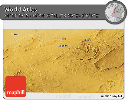 Physical 3D Map of the Area around 34° 28' 56" N, 2° 37' 30" E