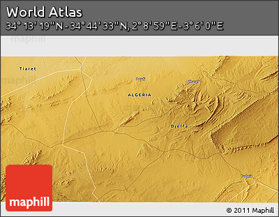 Physical 3D Map of the Area around 34° 28' 56" N, 2° 37' 30" E