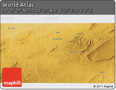 Physical 3D Map of the Area around 34° 28' 56" N, 2° 37' 30" E