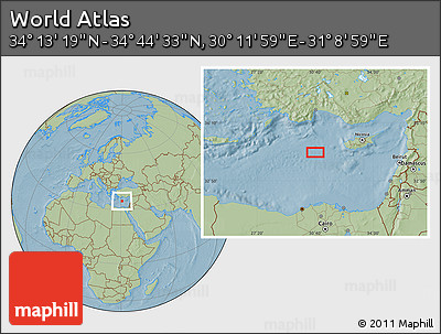 Savanna Style Location Map of the Area around 34° 28' 56" N, 30° 40' 29" E, hill shading
