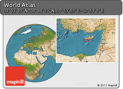 Satellite Location Map of the Area around 34° 28' 56" N, 32° 22' 30" E
