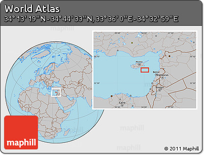 Gray Location Map of the Area around 34° 28' 56" N, 34° 4' 30" E