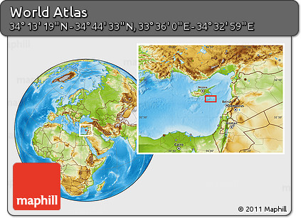 Physical Location Map of the Area around 34° 28' 56" N, 34° 4' 30" E