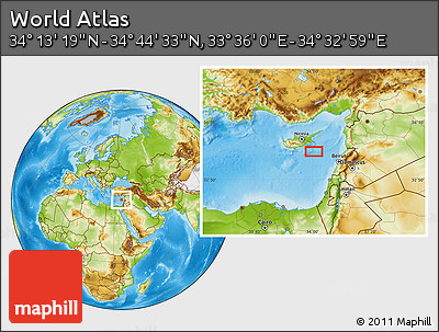 Physical Location Map of the Area around 34° 28' 56" N, 34° 4' 30" E