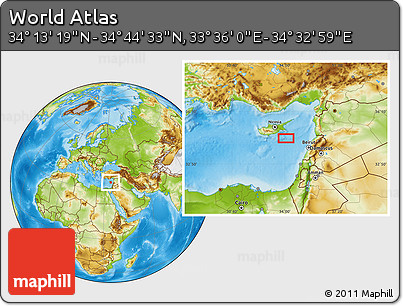 Physical Location Map of the Area around 34° 28' 56" N, 34° 4' 30" E