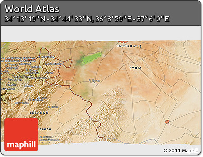 Satellite 3D Map of the Area around 34° 28' 56" N, 36° 37' 30" E