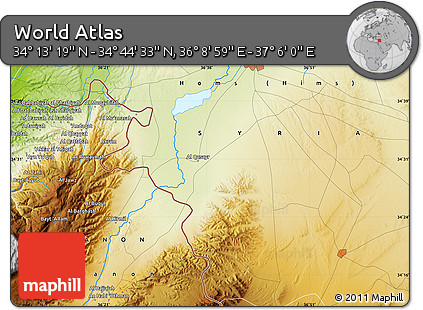 Physical Map of the Area around 34° 28' 56" N, 36° 37' 30" E