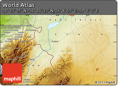 Physical Map of the Area around 34° 28' 56" N, 36° 37' 30" E