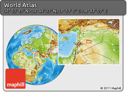 Physical Location Map of the Area around 34° 28' 56" N, 38° 19' 30" E