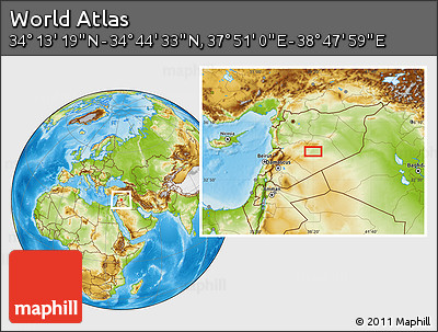 Physical Location Map of the Area around 34° 28' 56" N, 38° 19' 30" E