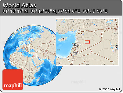 Shaded Relief Location Map of the Area around 34° 28' 56" N, 38° 19' 30" E