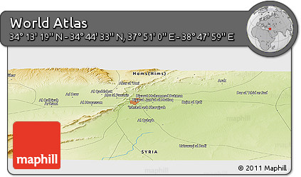 Physical Panoramic Map of the Area around 34° 28' 56" N, 38° 19' 30" E