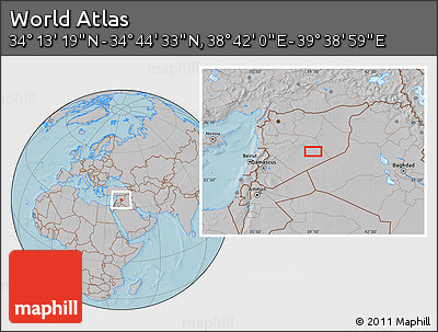 Gray Location Map of the Area around 34° 28' 56" N, 39° 10' 29" E, hill shading