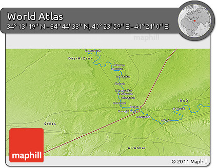 Physical 3D Map of the Area around 34° 28' 56" N, 40° 52' 30" E
