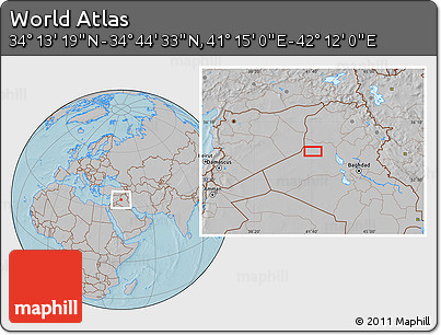 Gray Location Map of the Area around 34° 28' 56" N, 41° 43' 30" E, hill shading
